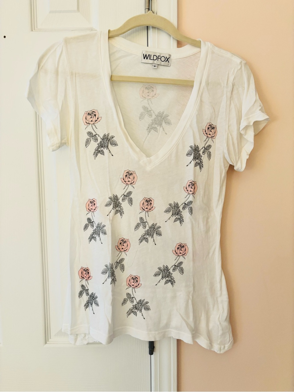 Wildfox White V-Neck Tee with Pink Rose Floral Print